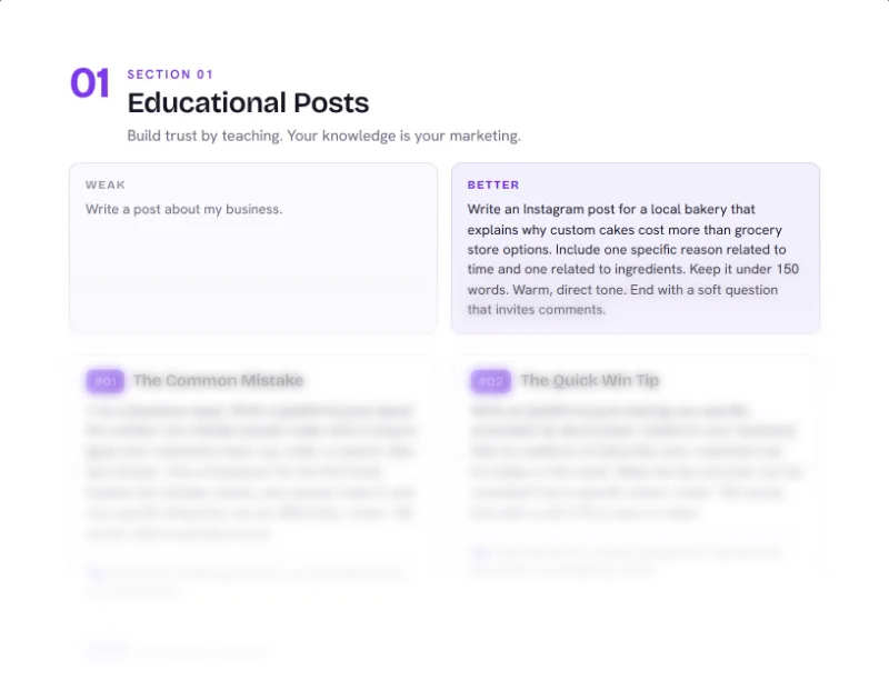 Top of page 4 of Social Media Prompt Pack, from the AI Small Business Starter Kit