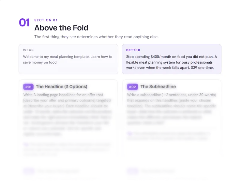 Top of page 4 of Landing Page Copy Prompt Pack, from the Self-Starter Launch Kit